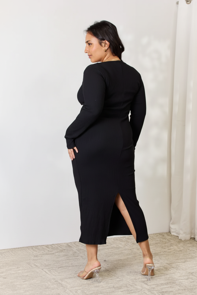 Full Size Ribbed Long Sleeve Midi Slit Dress – Effortless Chic by Culture Code - Pelléssa