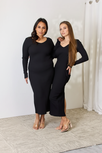 Full Size Ribbed Long Sleeve Midi Slit Dress – Effortless Chic by Culture Code - Pelléssa