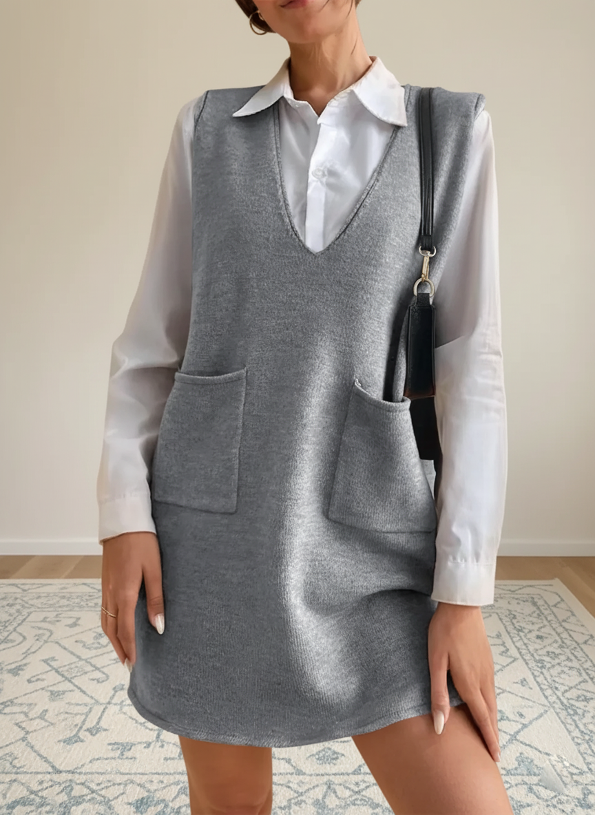 V-Neck Sleeveless Sweater Dress with Pockets – Effortless Cozy Chic - Pelléssa