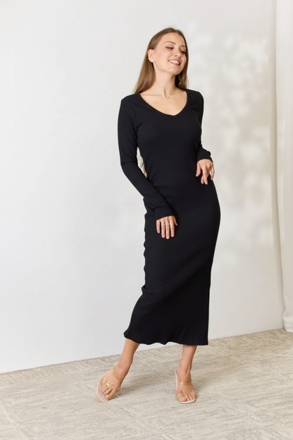 Full Size Ribbed Long Sleeve Midi Slit Dress – Effortless Chic by Culture Code - Pelléssa