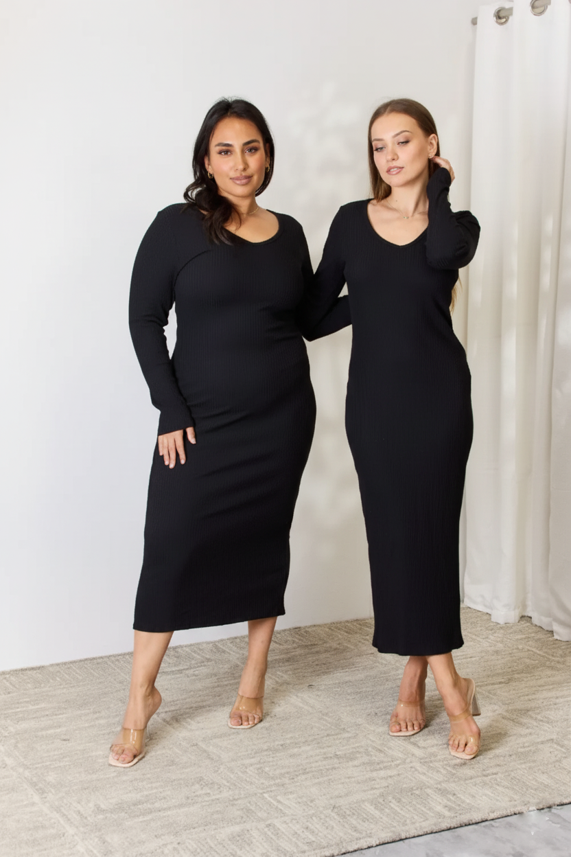 Full Size Ribbed Long Sleeve Midi Slit Dress – Effortless Chic by Culture Code - Pelléssa
