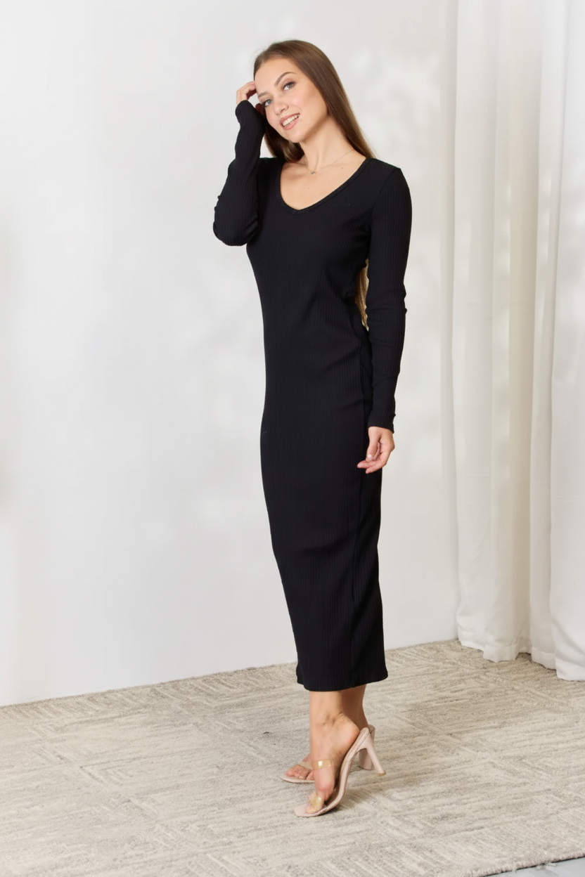 Full Size Ribbed Long Sleeve Midi Slit Dress – Effortless Chic by Culture Code - Pelléssa