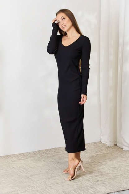 Full Size Ribbed Long Sleeve Midi Slit Dress – Effortless Chic by Culture Code - Pelléssa
