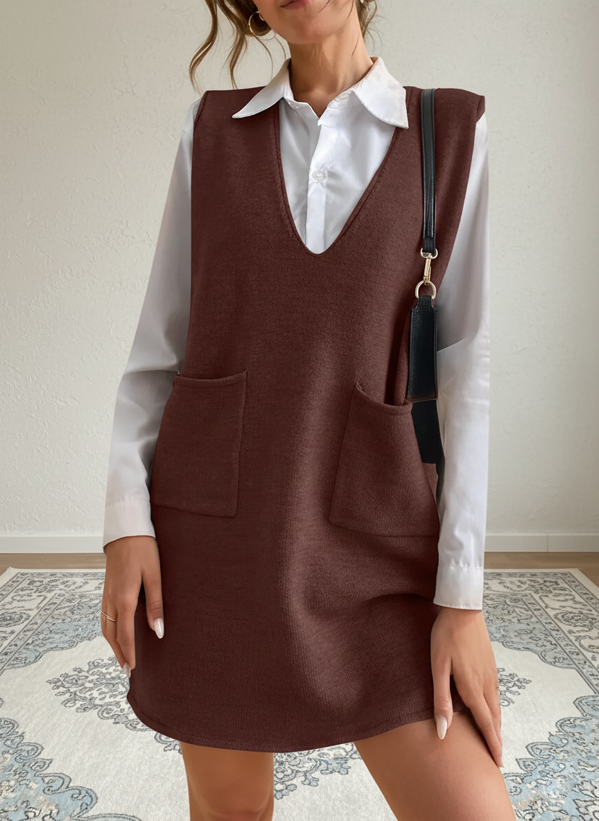 V-Neck Sleeveless Sweater Dress with Pockets – Effortless Cozy Chic - Pelléssa