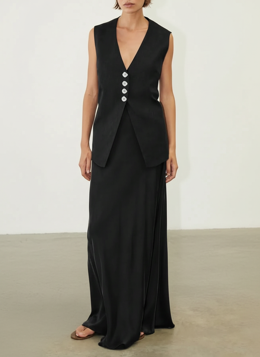 V-Neck Button Detail Vest and Skirt Two-Piece Set - Pelléssa