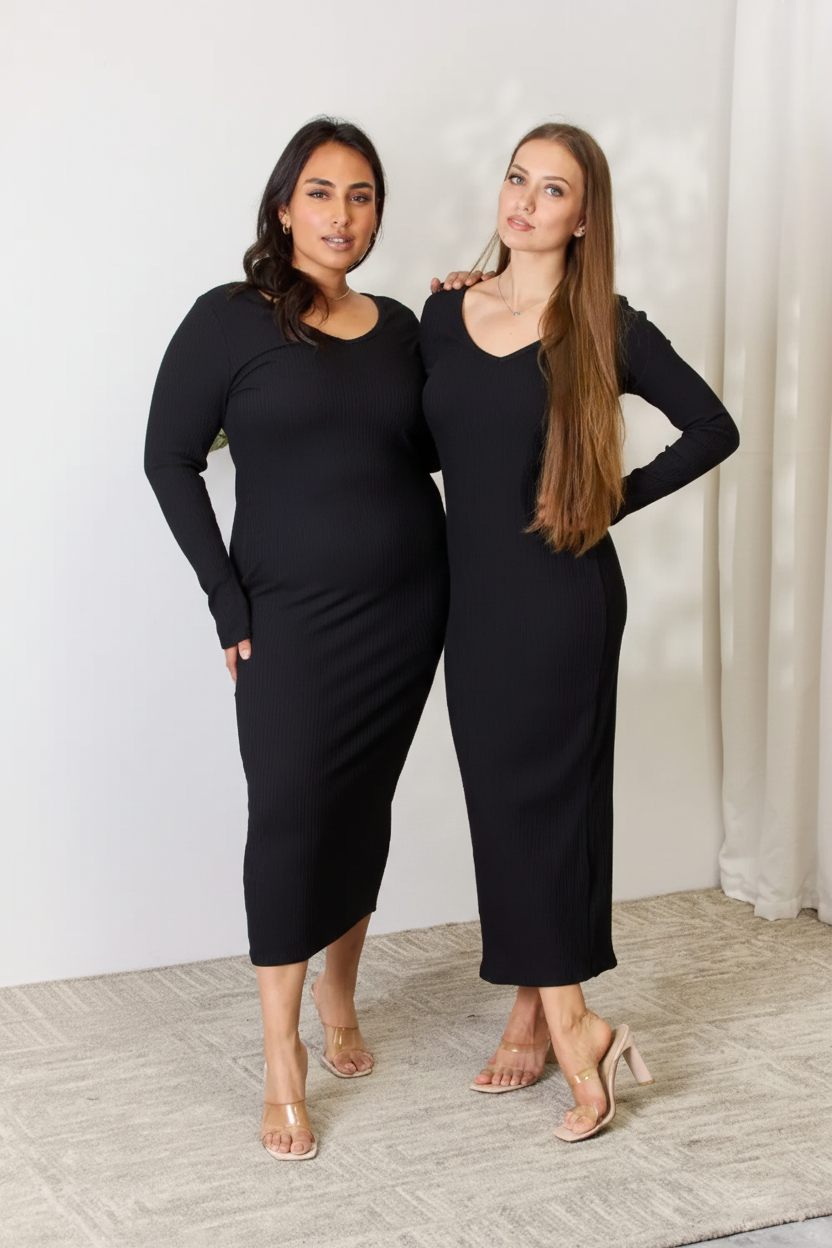 Full Size Ribbed Long Sleeve Midi Slit Dress – Effortless Chic by Culture Code - Pelléssa