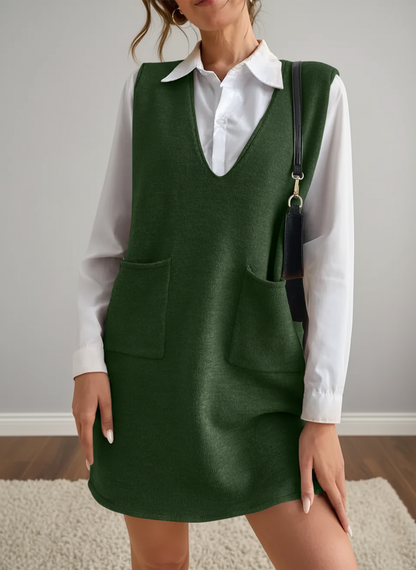 V-Neck Sleeveless Sweater Dress with Pockets – Effortless Cozy Chic - Pelléssa