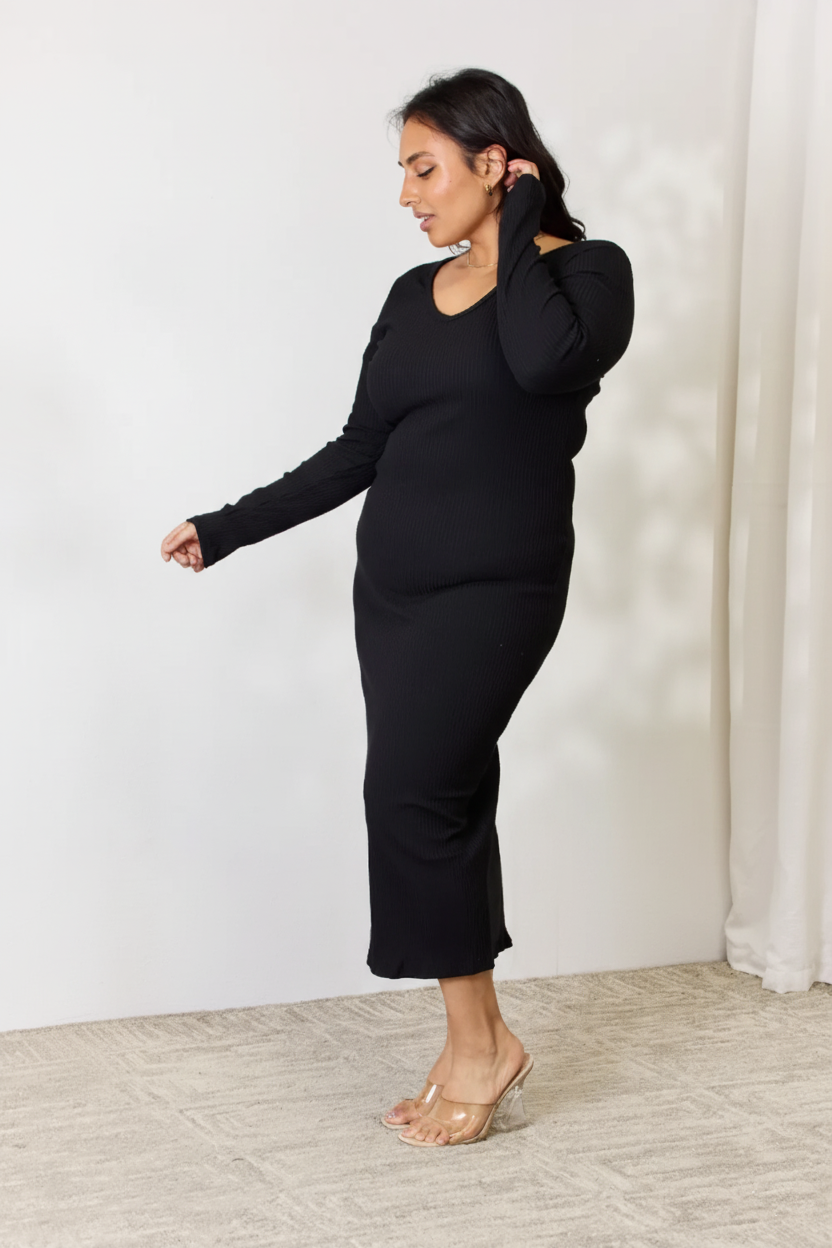 Full Size Ribbed Long Sleeve Midi Slit Dress – Effortless Chic by Culture Code - Pelléssa