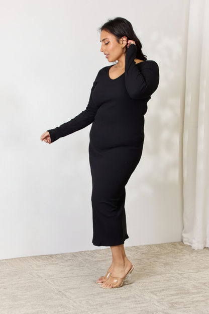 Full Size Ribbed Long Sleeve Midi Slit Dress – Effortless Chic by Culture Code - Pelléssa