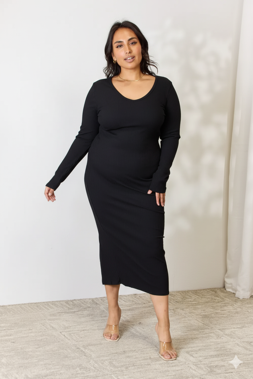 Full Size Ribbed Long Sleeve Midi Slit Dress – Effortless Chic by Culture Code - Pelléssa