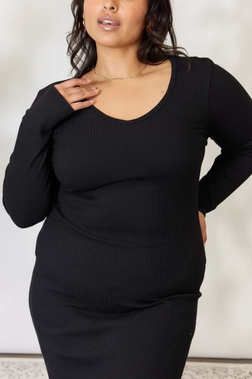 Full Size Ribbed Long Sleeve Midi Slit Dress – Effortless Chic by Culture Code - Pelléssa